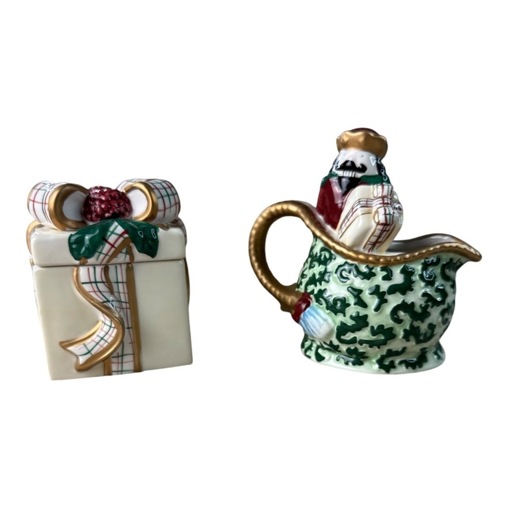 Avon St. Nicholas Sugar and Creamer Set Hand Painted Ceramic Christmas New